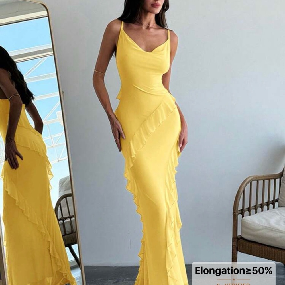 SHEIN Yellow Ruffle-Trim Slip Maxi Dress